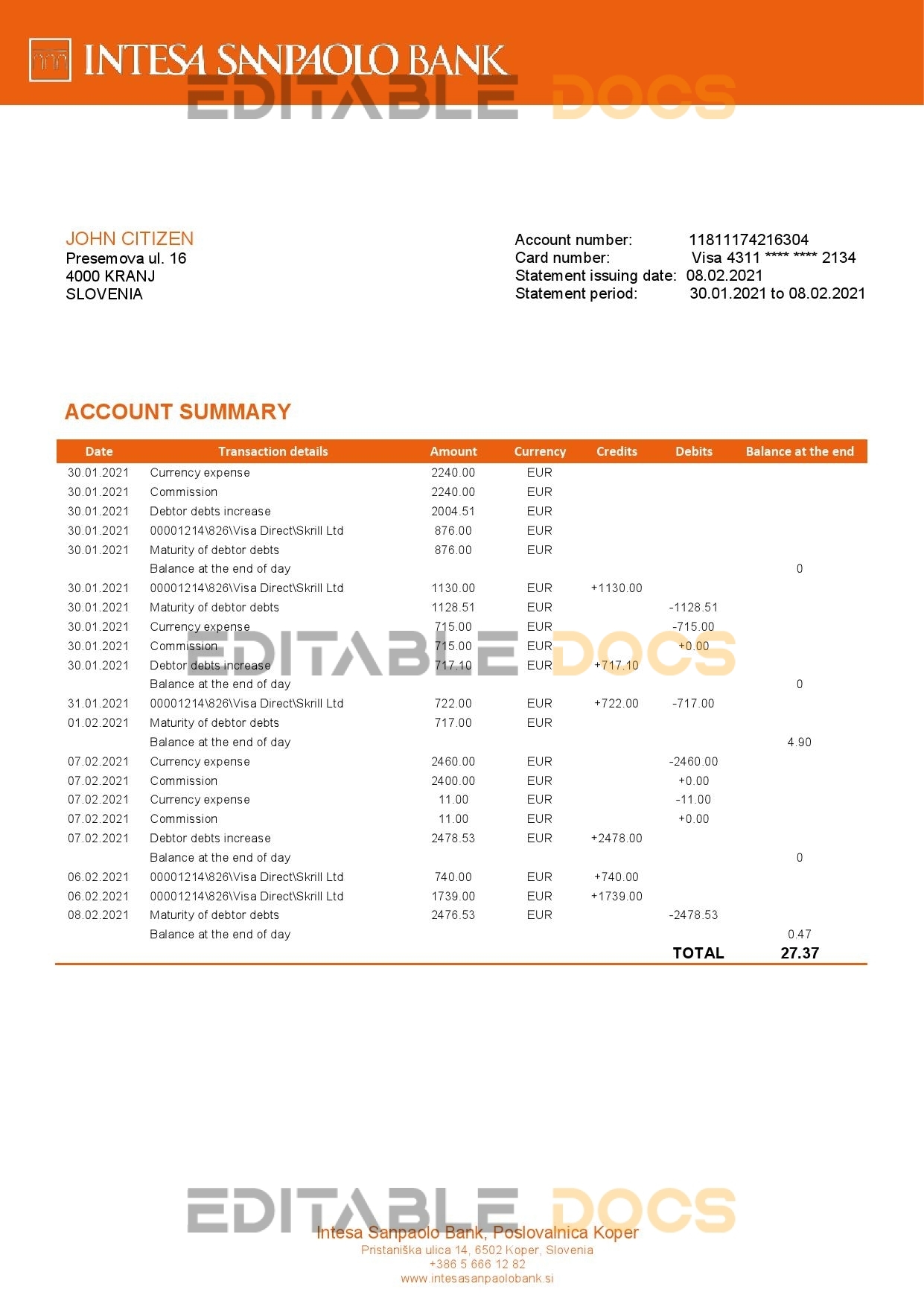Slovenia Intesa Sanpaolo Bank, Poslovalnica Koper bank statement template in Word and PDF format