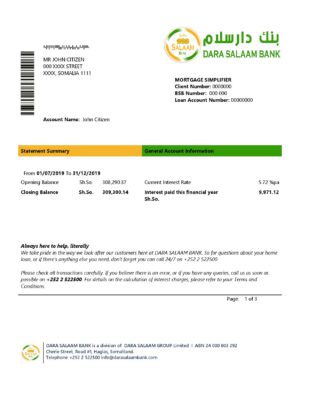 Somalia Dara Salaam Bank statement template in Word and PDF format, good for address prove