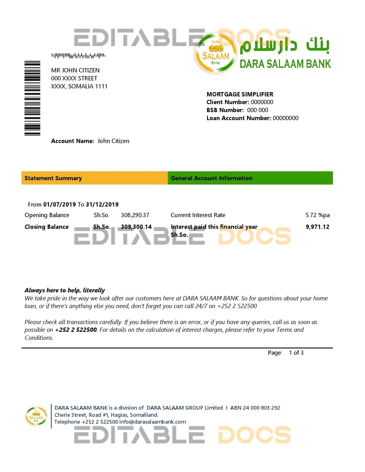 Somalia Dara Salaam Bank statement template in Word and PDF format, good for address prove