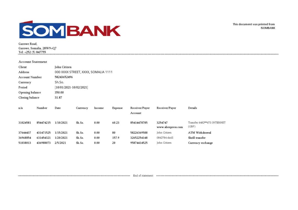 Somalia Sombank bank statement template in Excel and PDF format