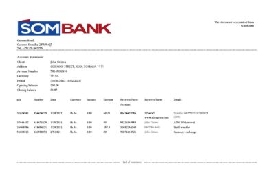 Somalia Sombank bank statement template in Excel and PDF format
