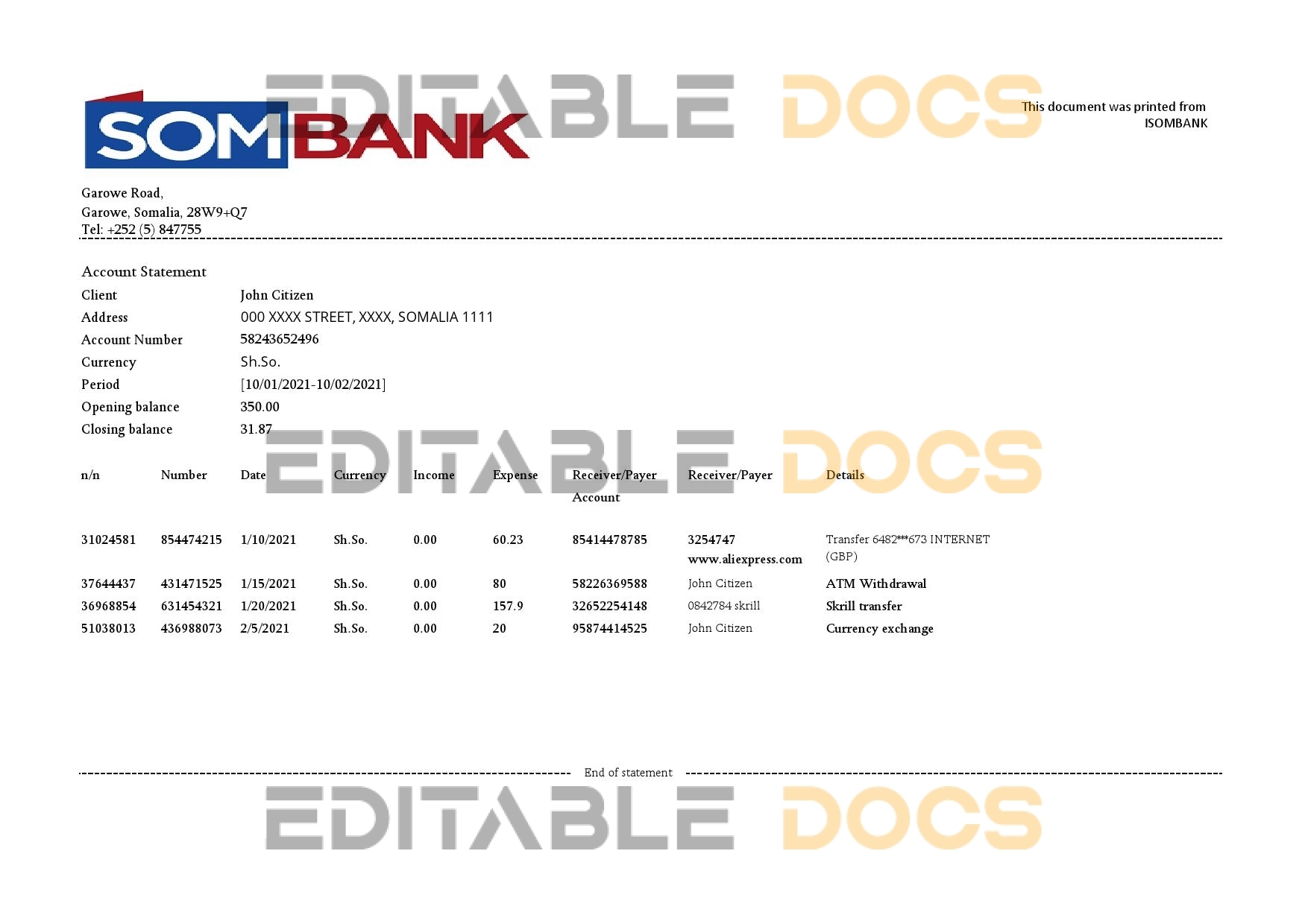 Somalia Sombank bank statement template in Excel and PDF format
