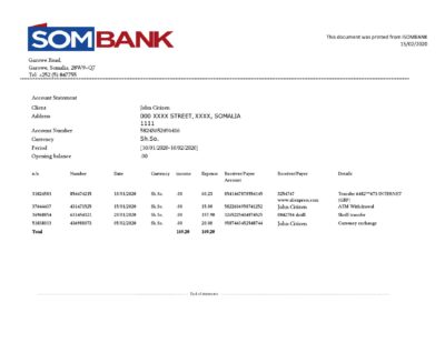 Somalia Sombank bank statement template in Word and PDF format