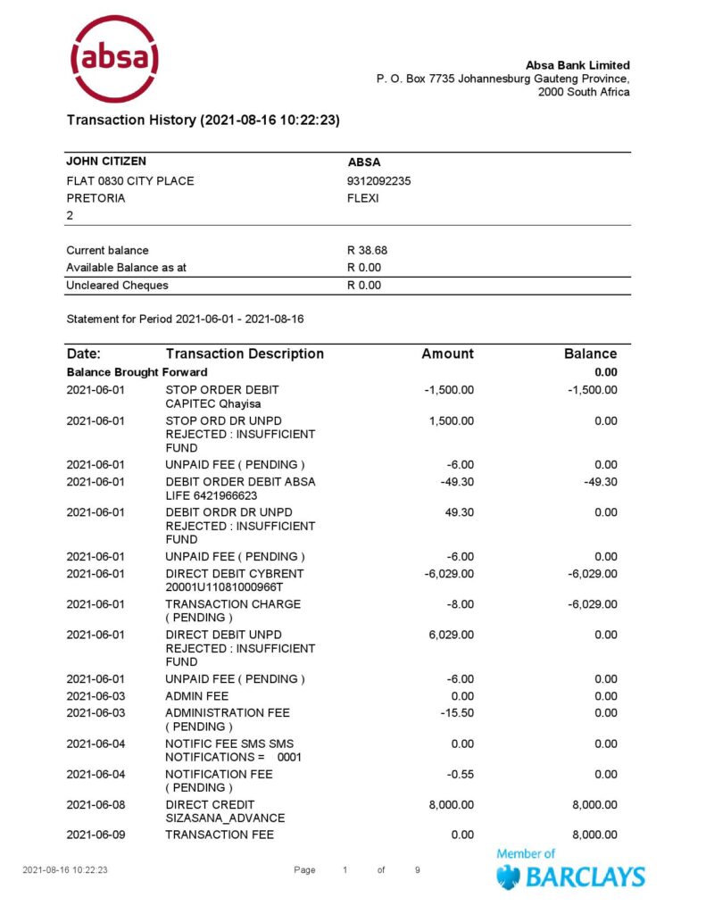 South Africa ABSA bank statement easy to fill template in Word and PDF format (9 pages)