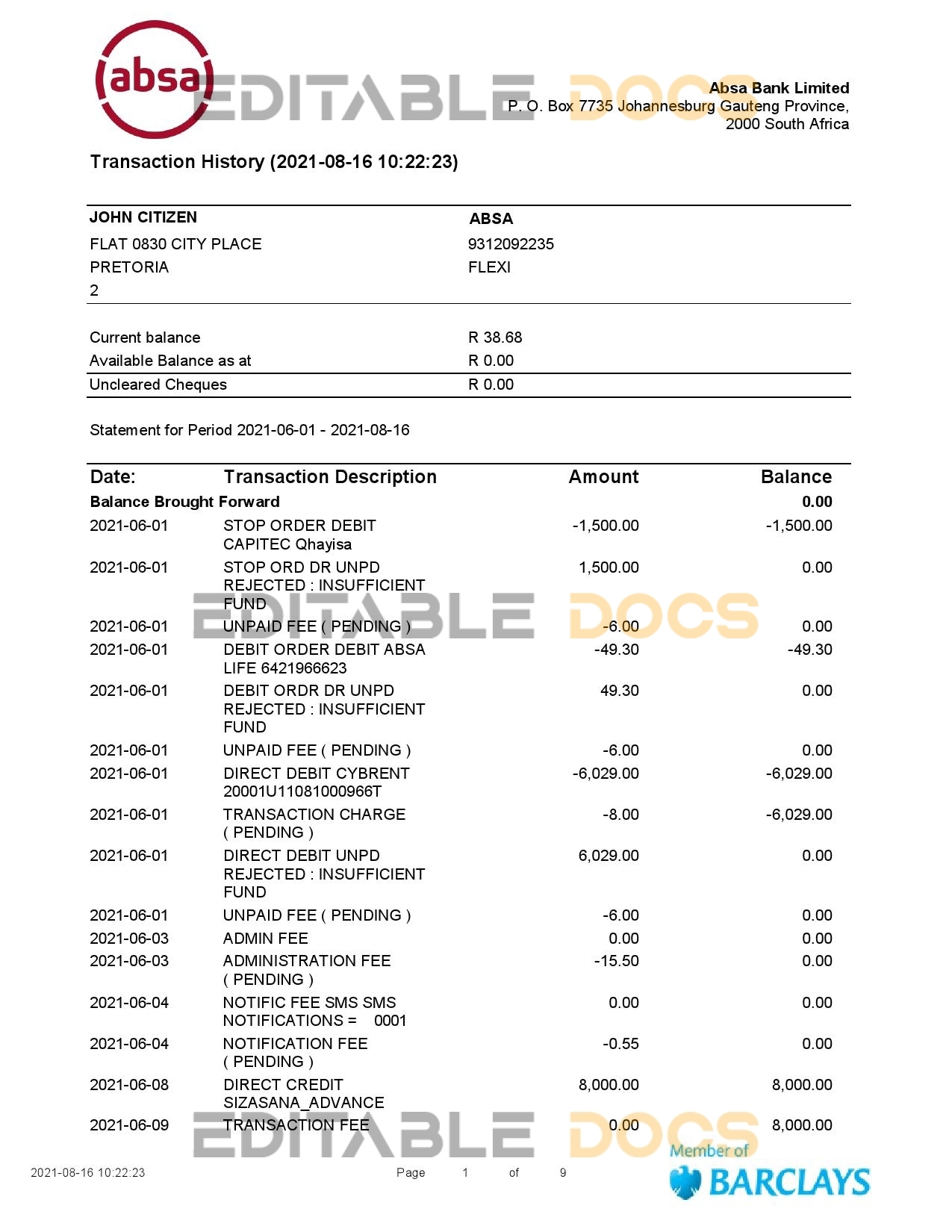 South Africa ABSA bank statement easy to fill template in Word and PDF format (9 pages)