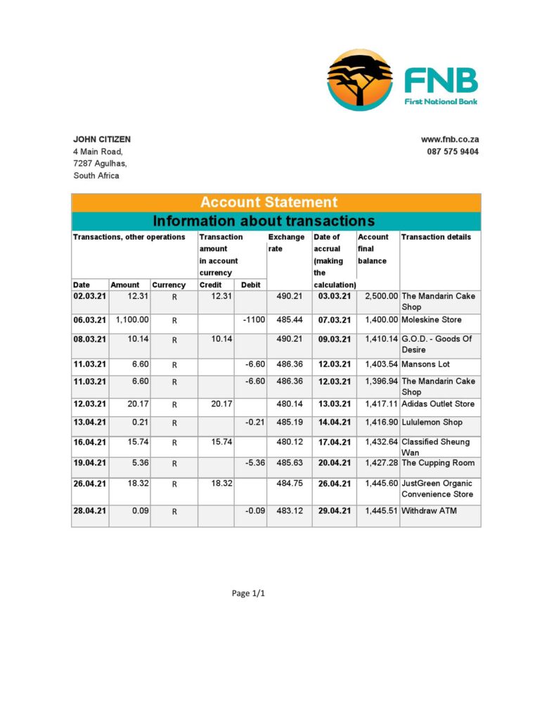 South Africa FNB bank statement easy to fill template in Excel and PDF format