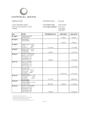 South Africa Imperial Bank statement easy to fill template in .xls and .pdf file format