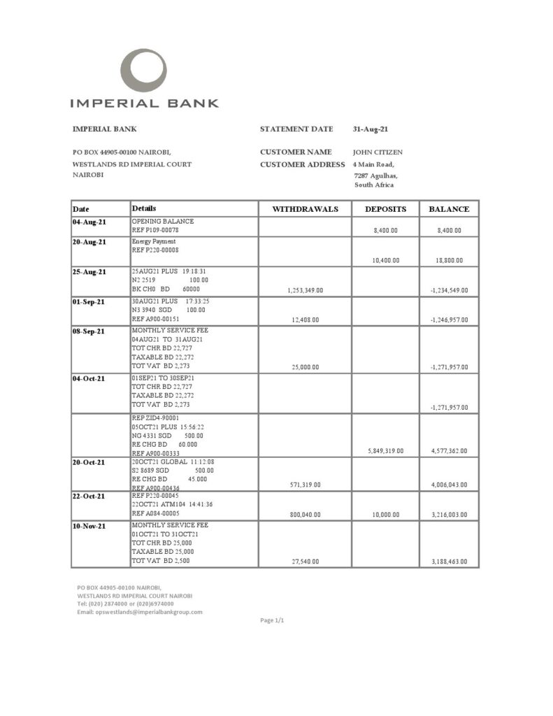 South Africa Imperial Bank statement easy to fill template in .xls and .pdf file format