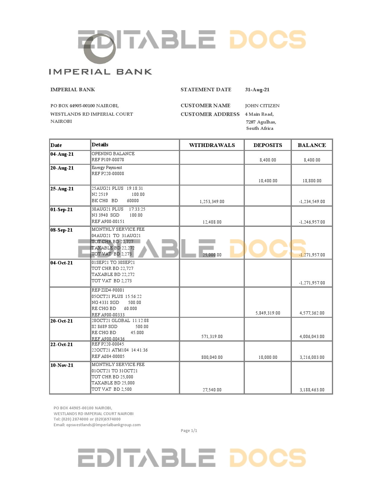 South Africa Imperial Bank statement easy to fill template in .xls and .pdf file format