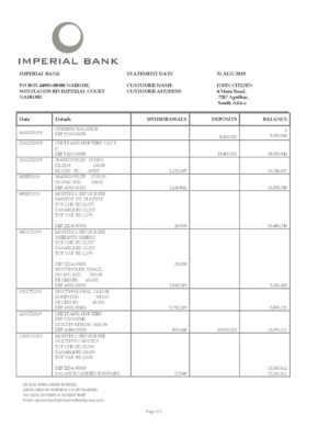 Africa Editable Docs 2 South Africa Imperial Bank statement easy to fill template in Word and PDF format