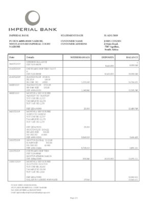 South Africa Imperial Bank statement easy to fill template in Word and PDF format