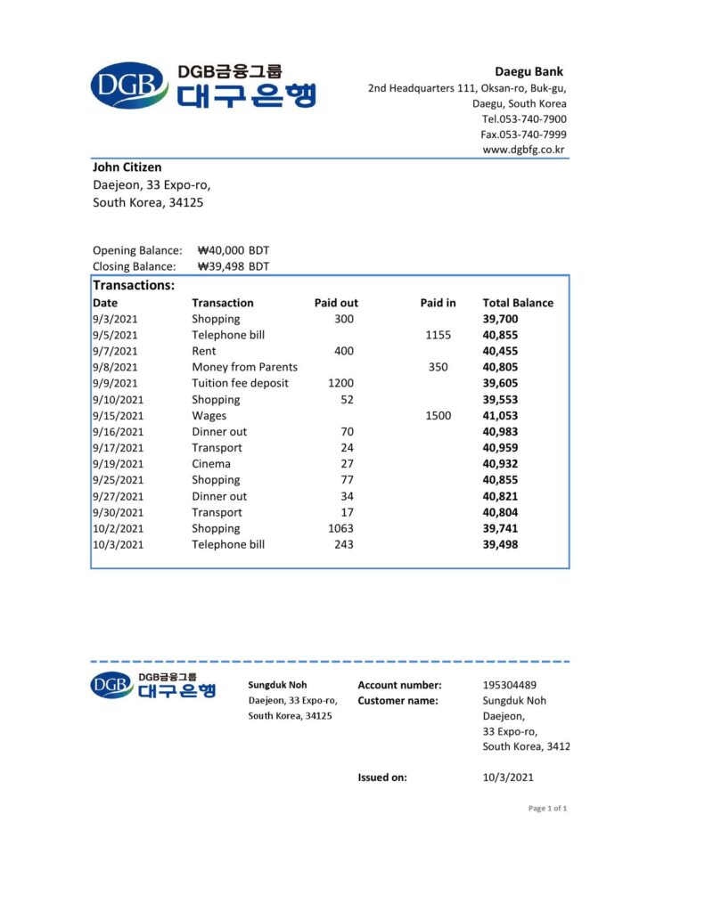 South Korea Daegu bank statement easy to fill template in Excel and PDF format