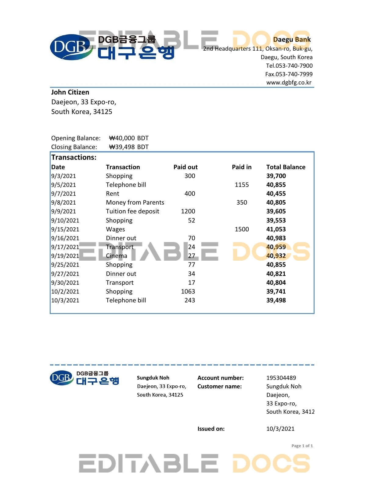 South Korea Daegu bank statement easy to fill template in Excel and PDF format