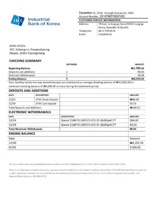 South Korea Industrial Bank of Korea bank statement template in Word and PDF format