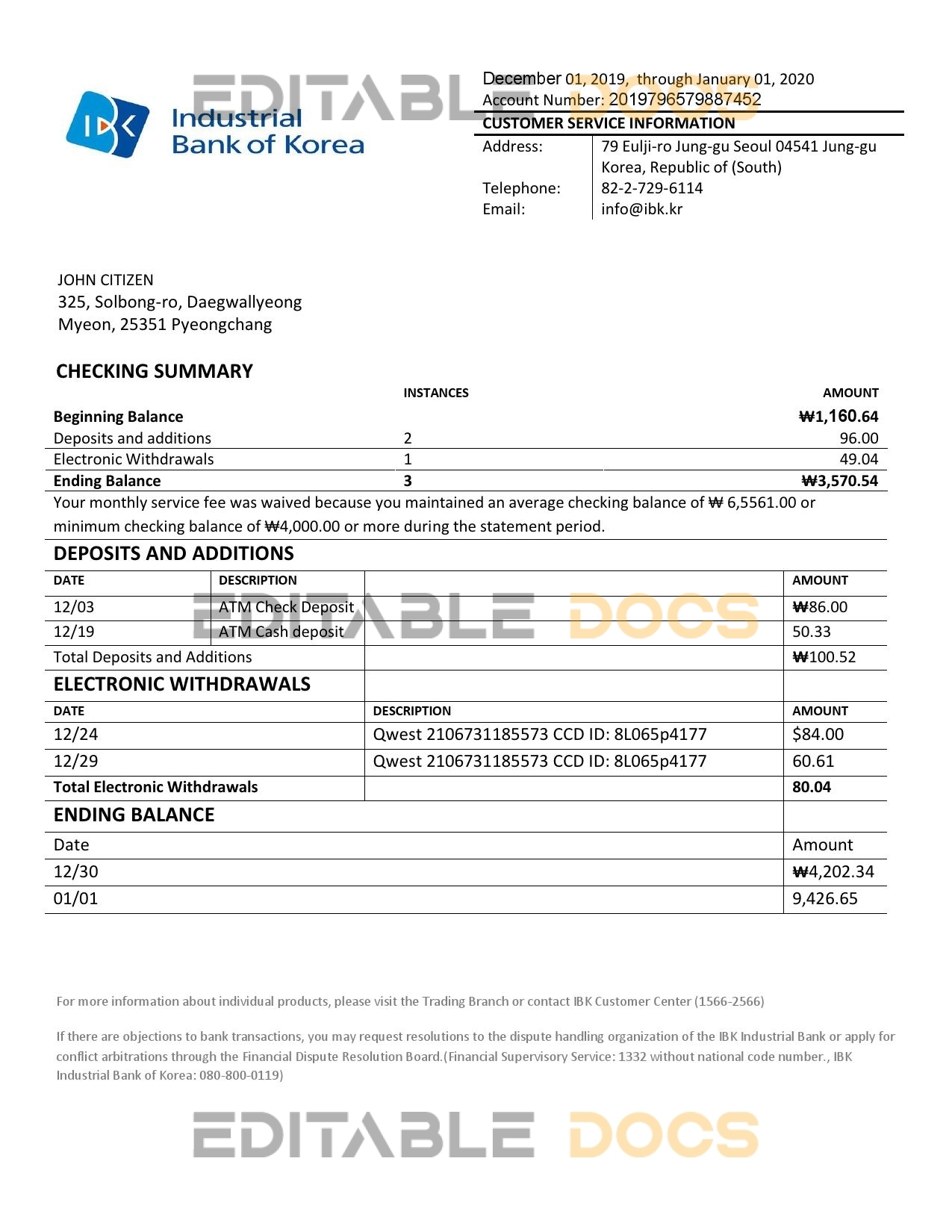 South Korea Industrial Bank of Korea bank statement template in Word and PDF format