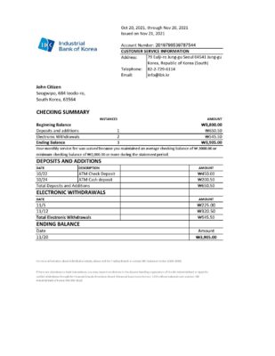 South Korea Industrial bank statement easy to fill template in Excel and PDF format