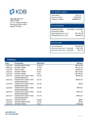 South Korea KDB bank proof of address statement template in Word and PDF format