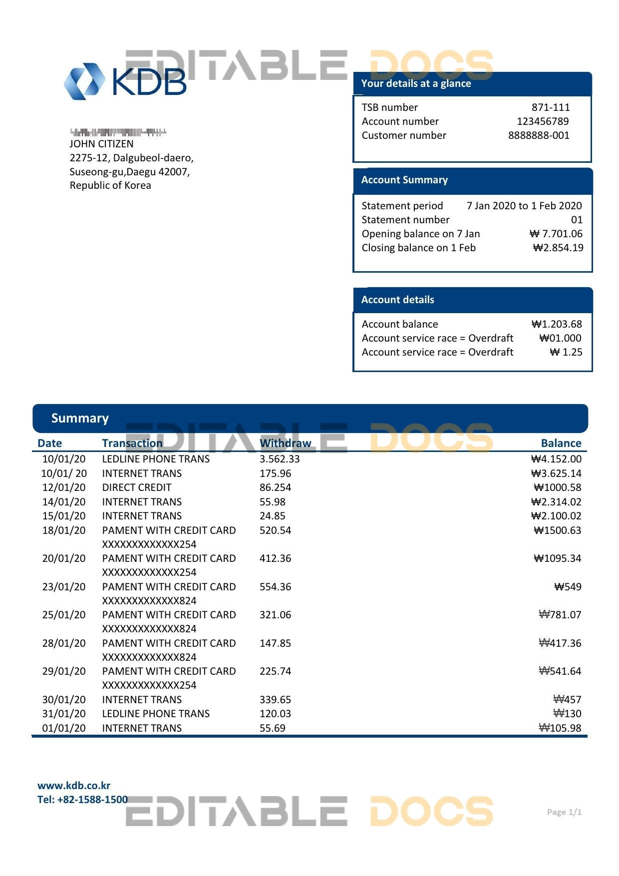 South Korea KDB bank proof of address statement template in Word and PDF format