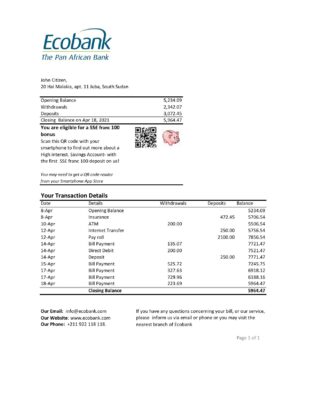 South Sudan Ecobank bank statement easy to fill template in Excel and PDF format