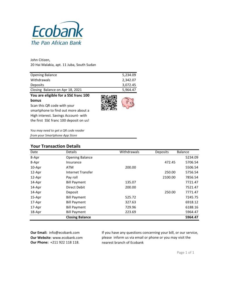 South Sudan Ecobank bank statement easy to fill template in Excel and PDF format