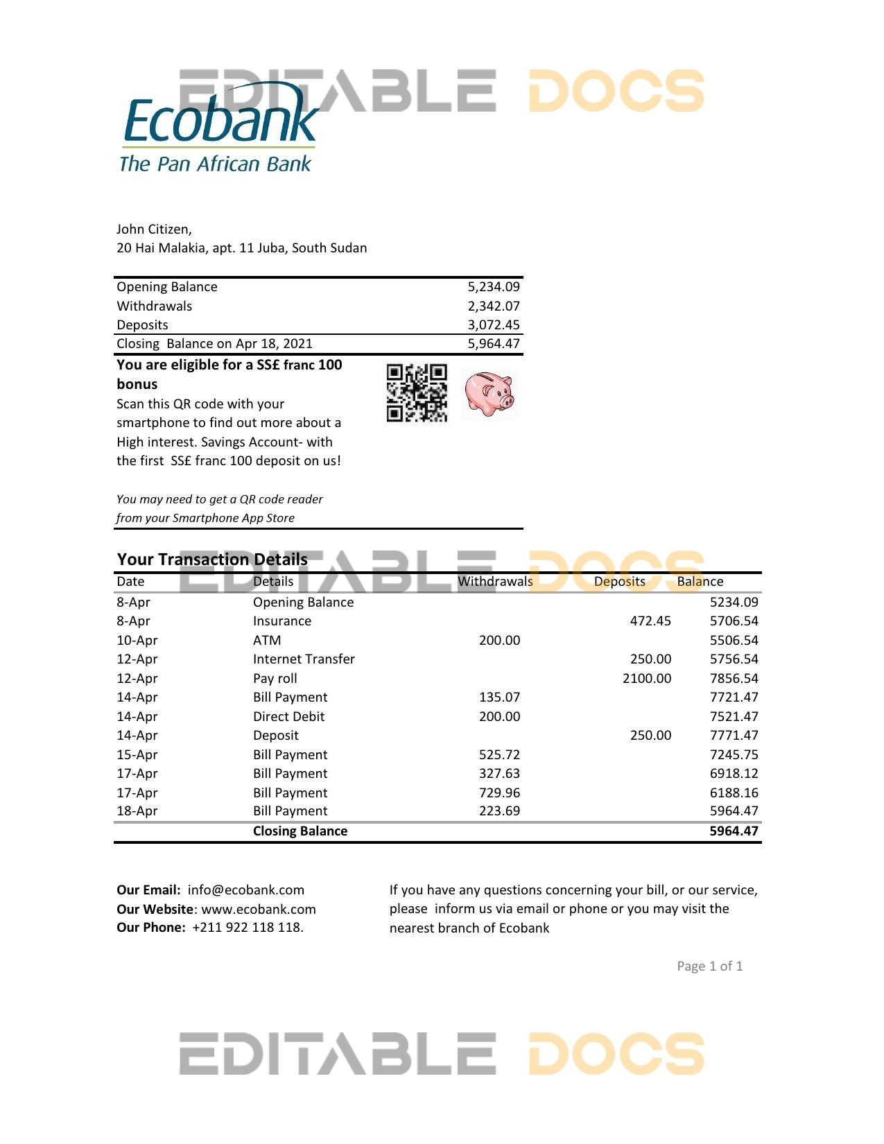 South Sudan Ecobank bank statement easy to fill template in Excel and PDF format