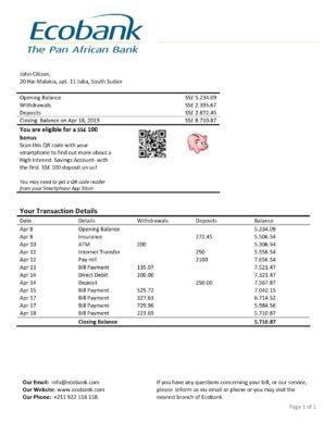 South Sudan Ecobank proof of address bank statement template in Word and PDF format