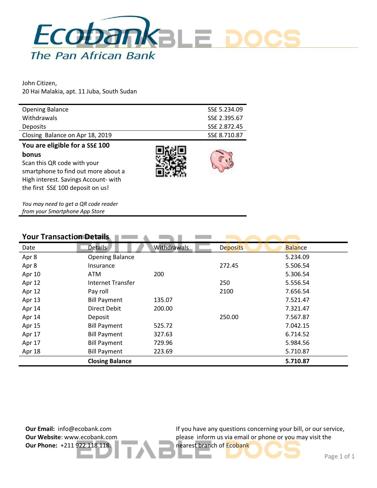 South Sudan Ecobank proof of address bank statement template in Word and PDF format