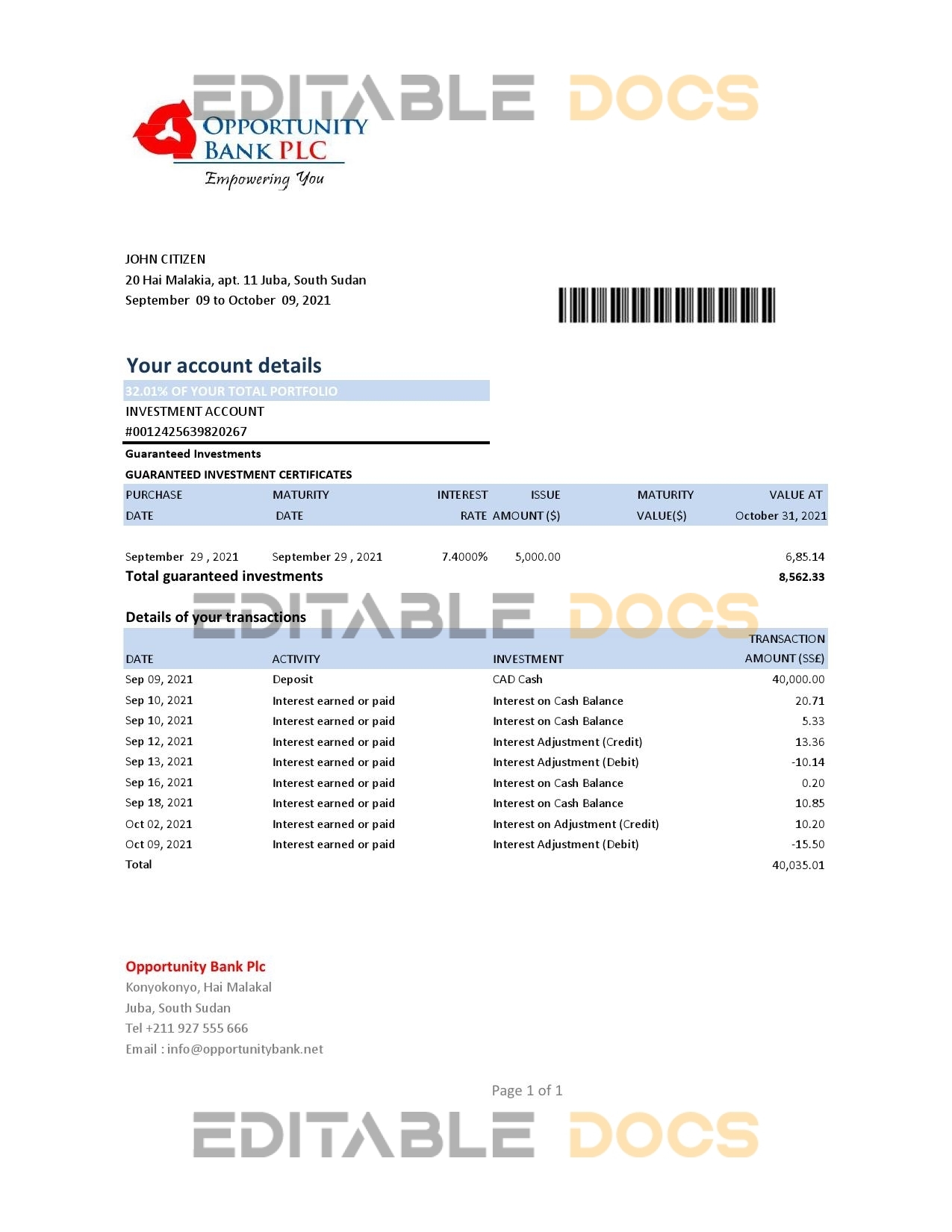 South Sudan Opportunity Bank statement easy to fill template in .xls and .pdf file format