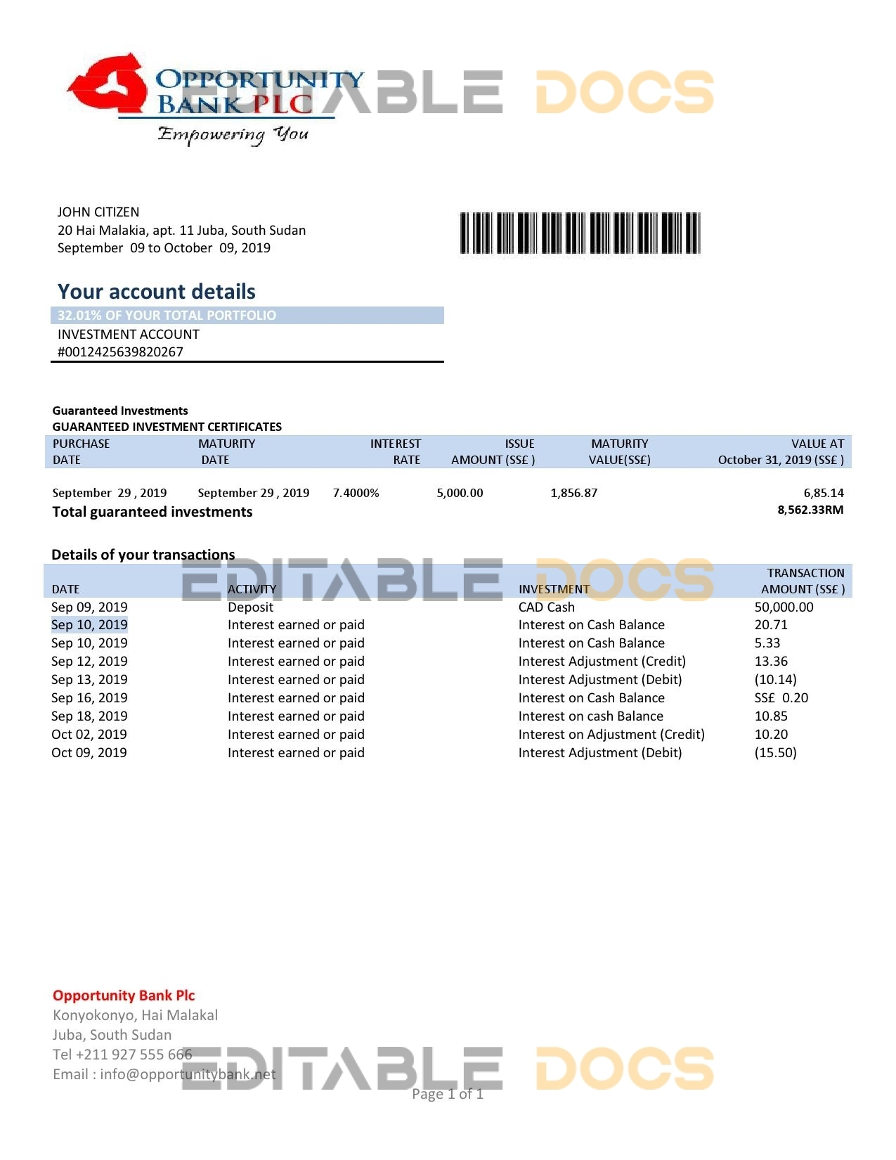 South Sudan Opportunity Bank statement template in Word and PDF format