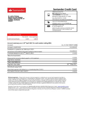 Spain Santander credit card proof of address bank statement in Excel and PDF format