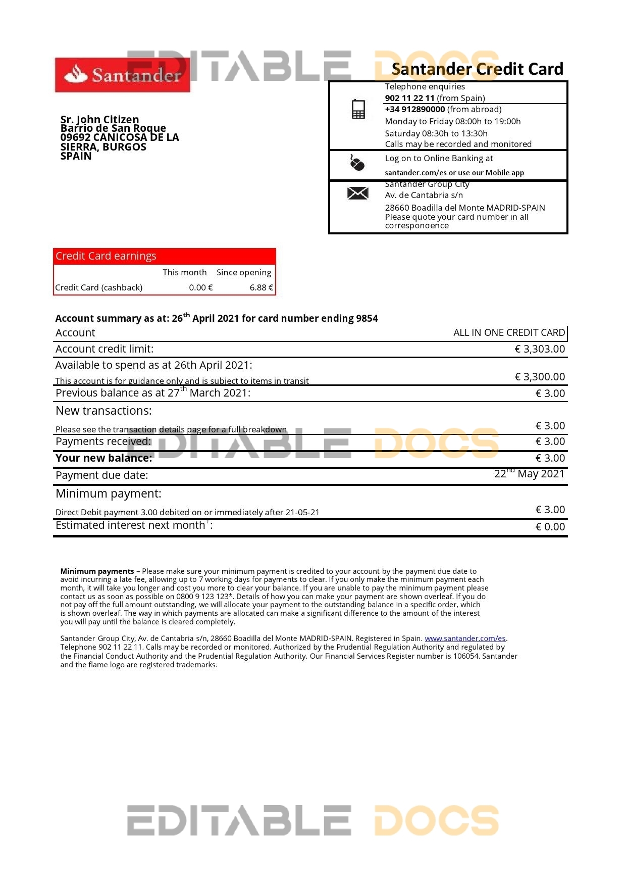Spain Santander credit card proof of address bank statement in Excel and PDF format