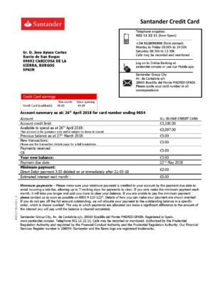 Spain Santander credit card proof of address bank statement in Word and PDF format