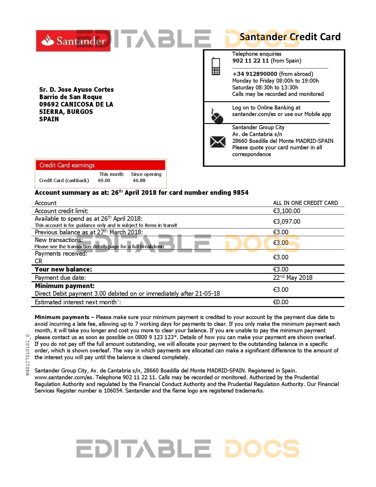 Spain Santander credit card proof of address bank statement in Word and PDF format