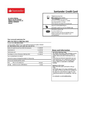 Spain Santander credit card statement template, Excel and PDF format (.xls and .pdf), 2 pages