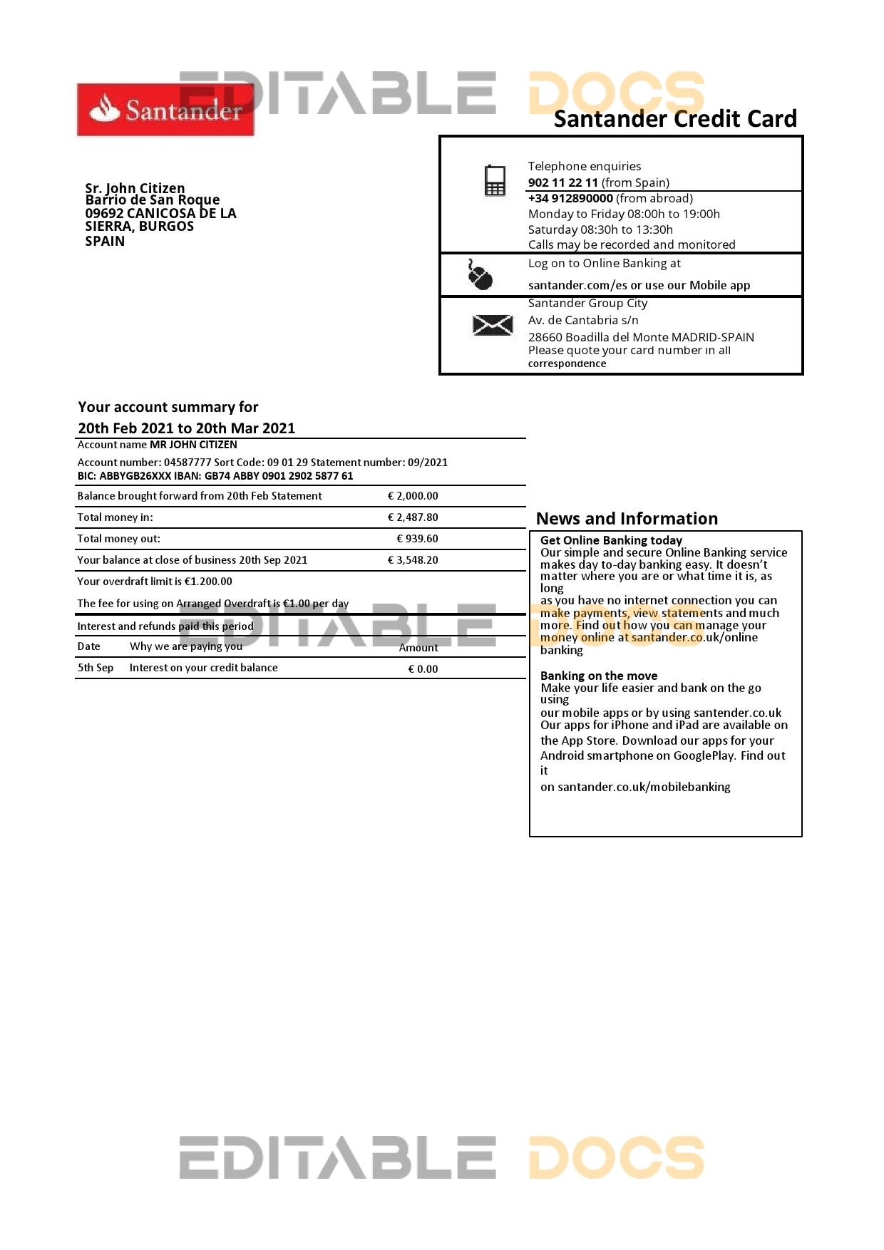 Spain Santander credit card statement template, Excel and PDF format (.xls and .pdf), 2 pages