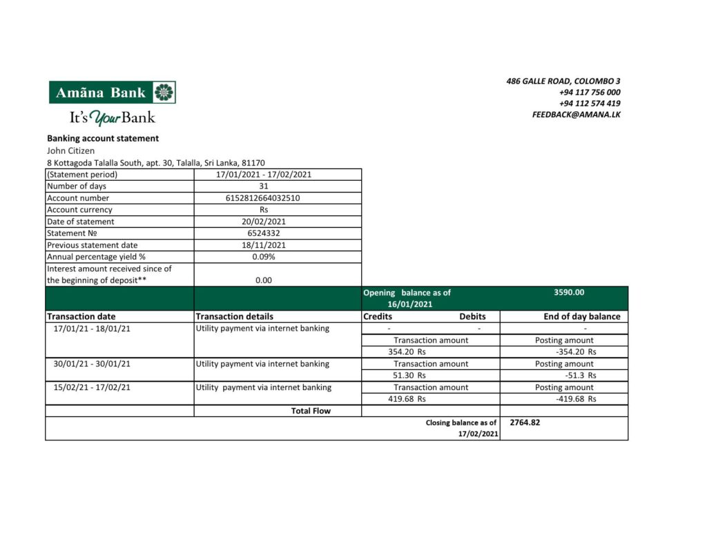 Sri Lanka Amana Bank statement easy to fill template in Excel and PDF format