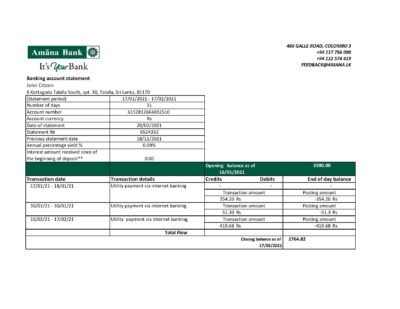 Sri Lanka Amana Bank statement easy to fill template in Excel and PDF format