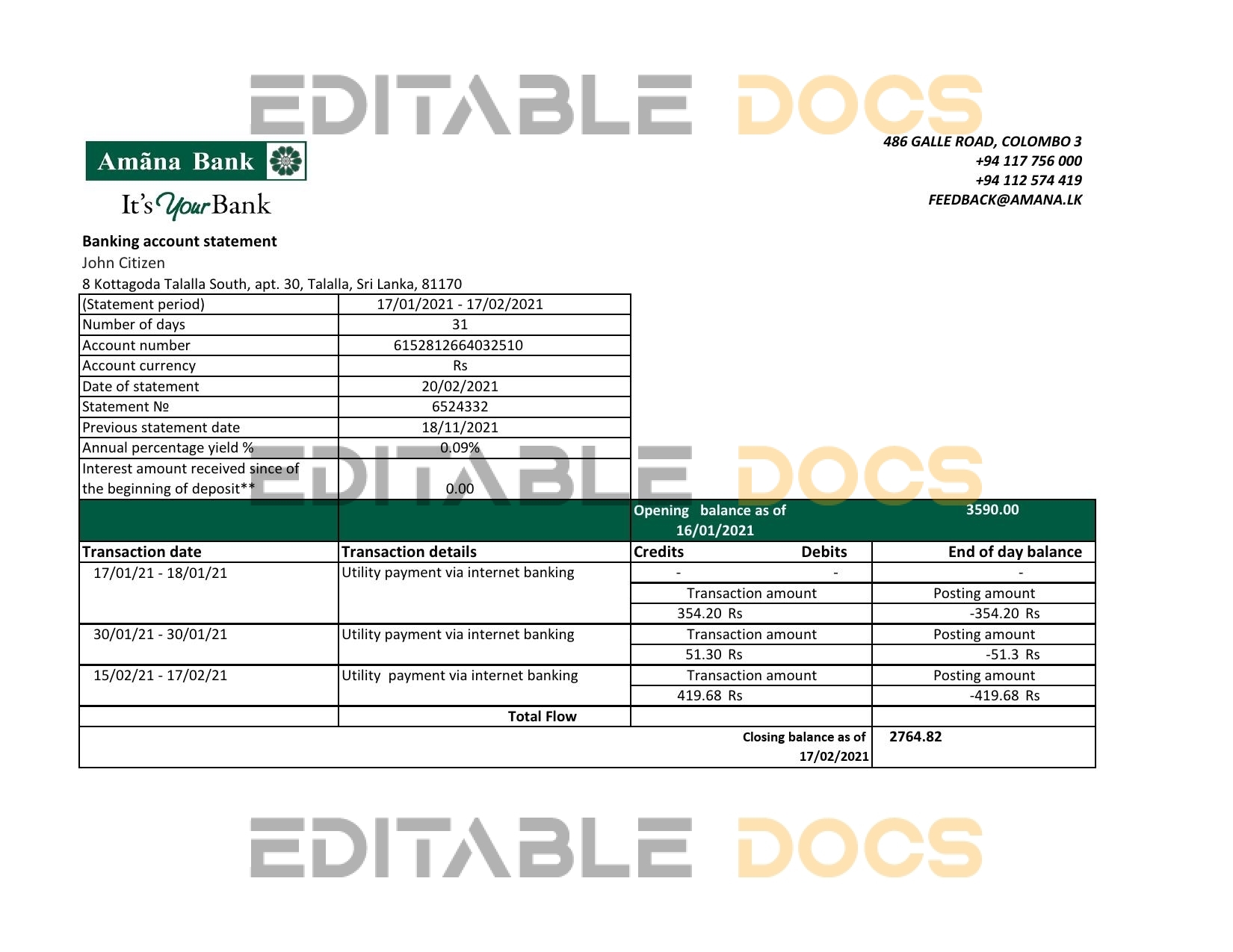 Sri Lanka Amana Bank statement easy to fill template in Excel and PDF format
