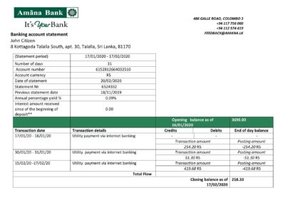 Sri Lanka Amana bank proof of address statement template in Word and PDF format