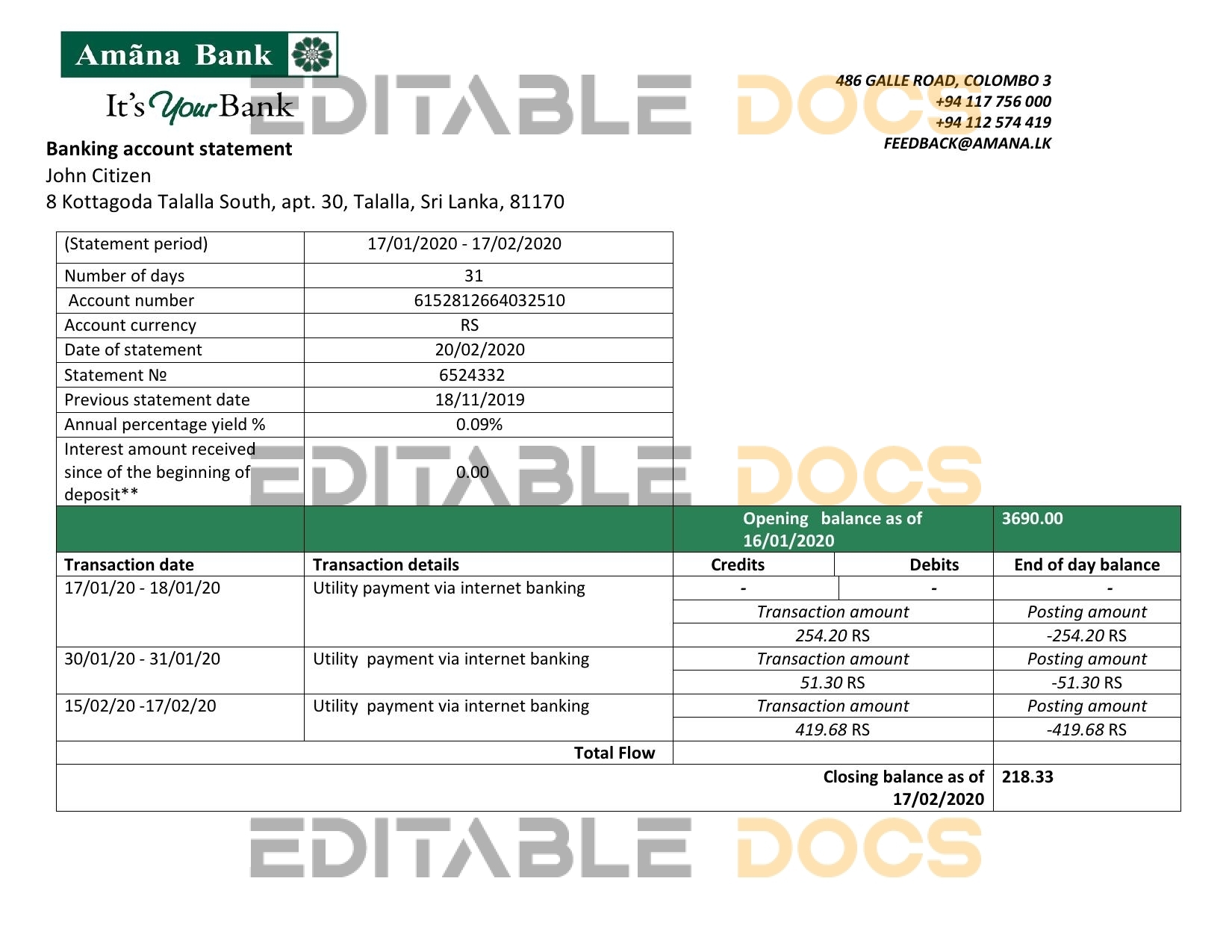 Sri Lanka Amana bank proof of address statement template in Word and PDF format