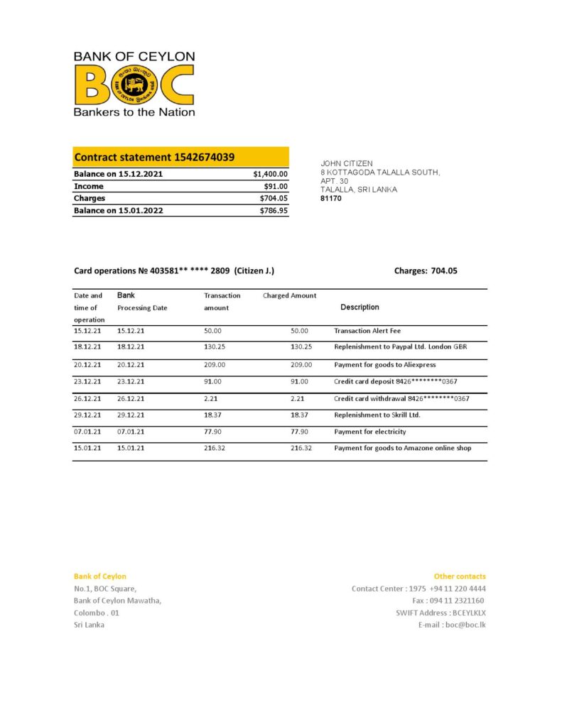 Sri Lanka Bank of Ceylon bank statement easy to fill template in .xls and .pdf file format