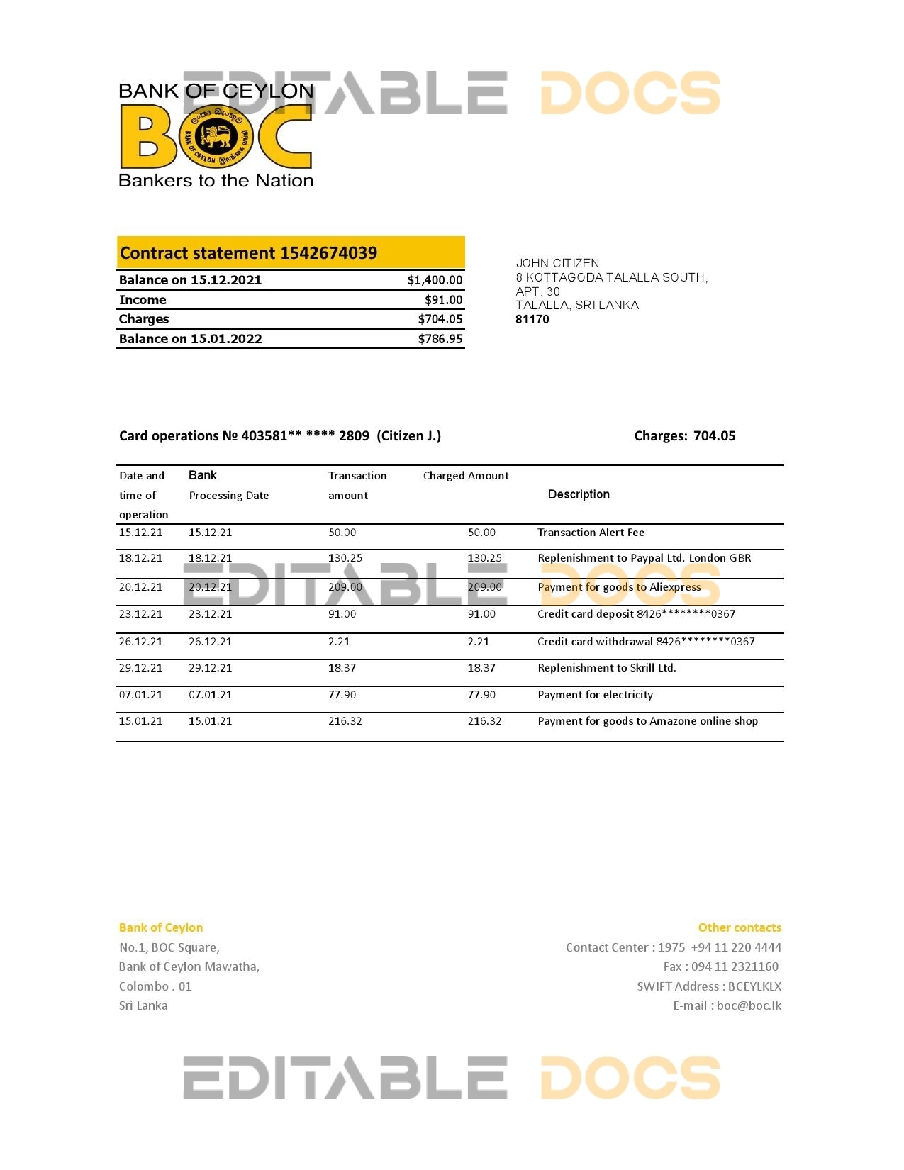 Sri Lanka Bank of Ceylon bank statement easy to fill template in .xls and .pdf file format