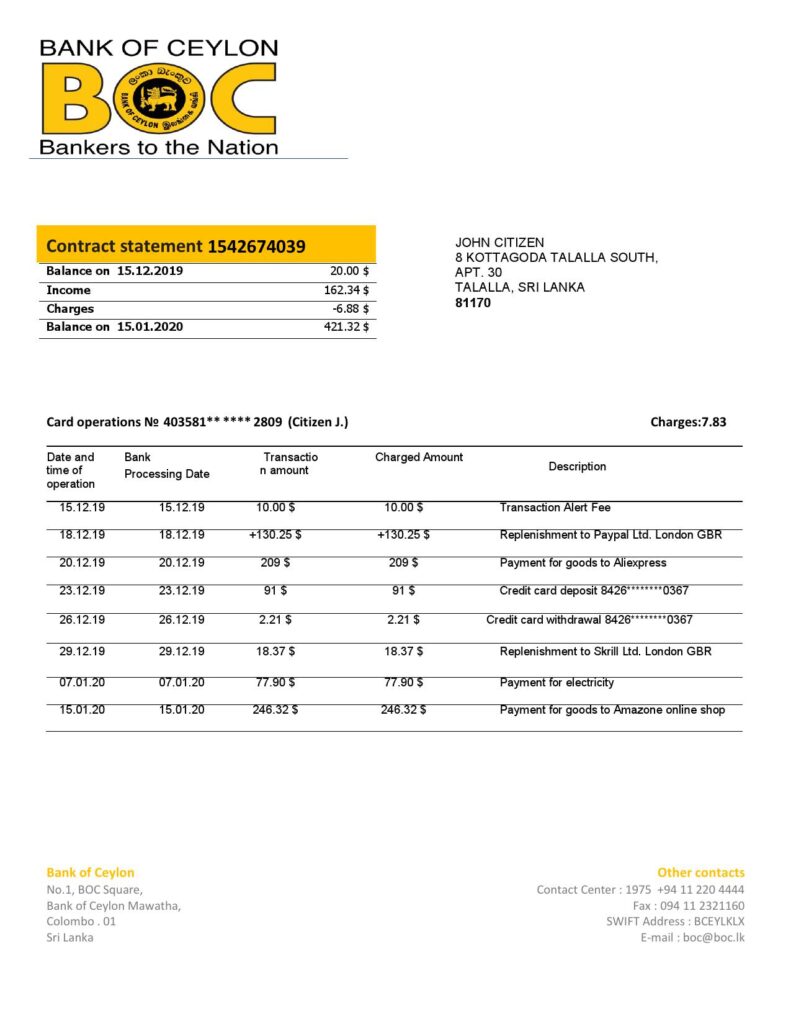Sri Lanka Bank of Ceylon bank statement template in Word and PDF format, good for address prove