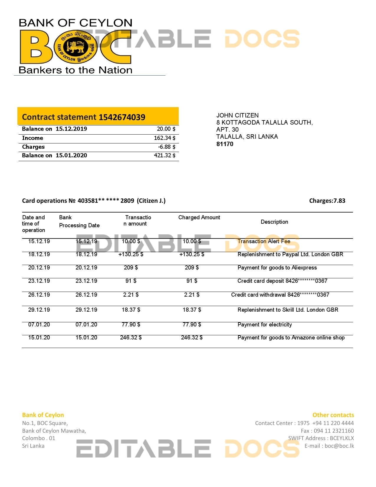 Sri Lanka Bank of Ceylon bank statement template in Word and PDF format, good for address prove