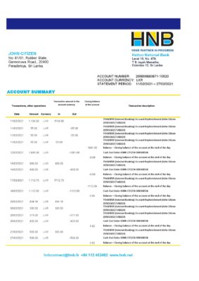 Sri Lanka Hatton National Bank bank statement template in Excel an PDF format