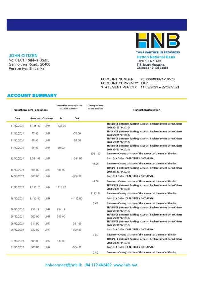 Sri Lanka Hatton National Bank bank statement template in Excel an PDF format