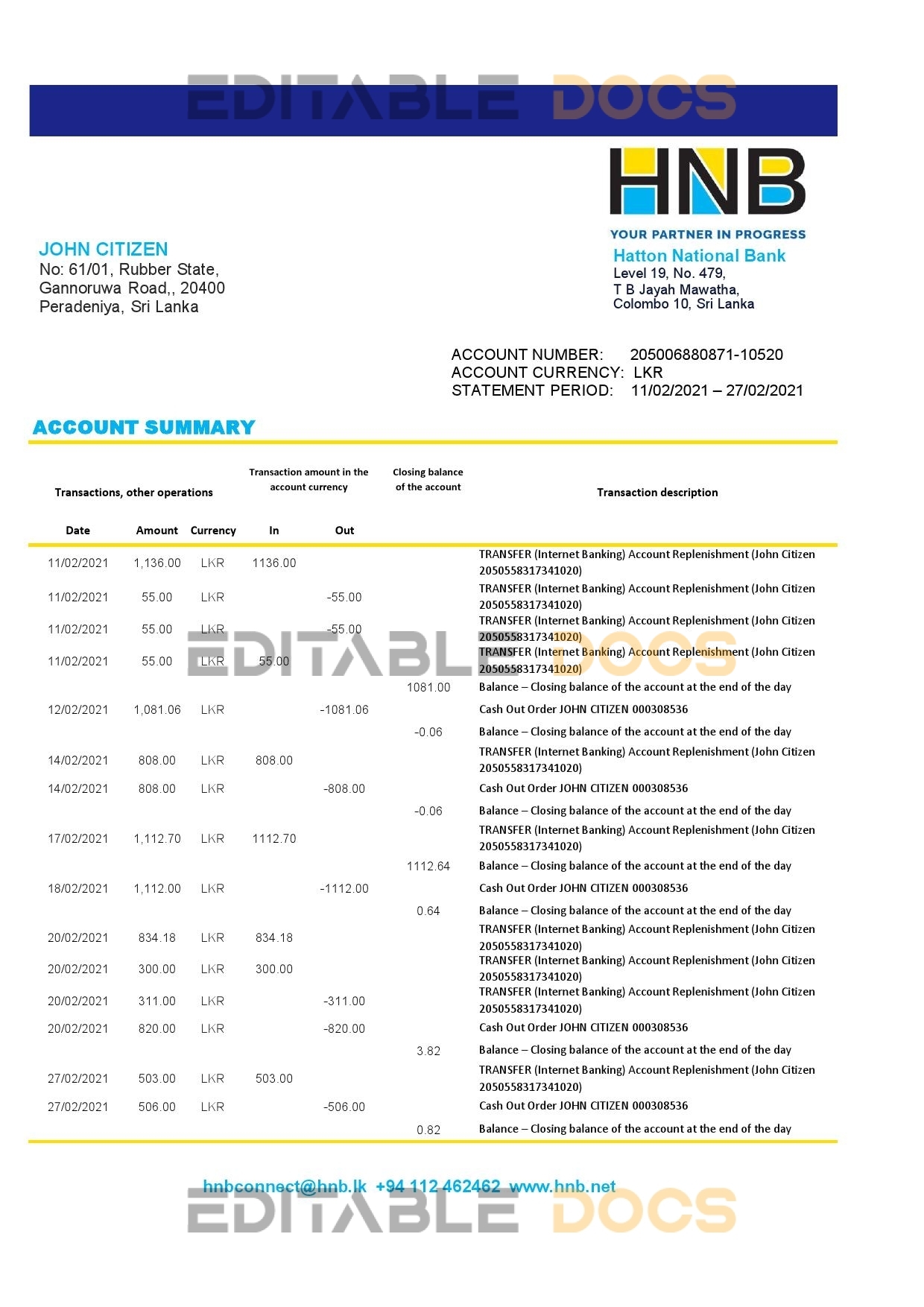 Sri Lanka Hatton National Bank bank statement template in Excel an PDF format