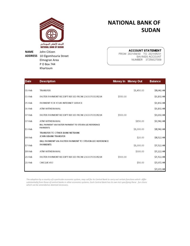 Sudan National Bank of Sudan bank statement easy to fill template in Excel and PDF format