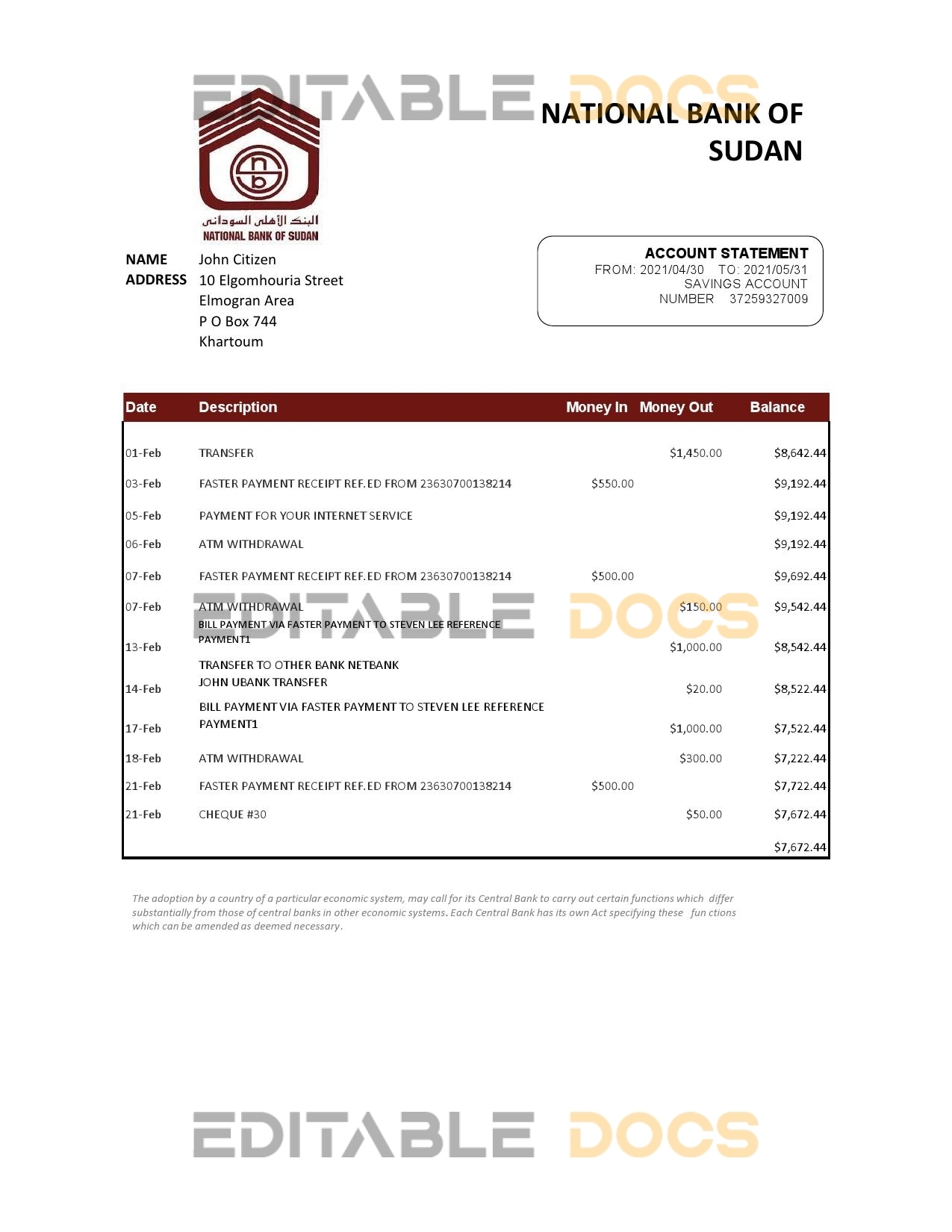 Sudan National Bank of Sudan bank statement easy to fill template in Excel and PDF format
