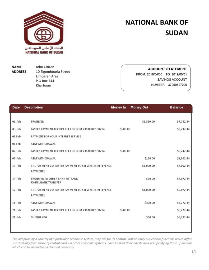 Sudan National Bank of Sudan bank statement template in Word and PDF format